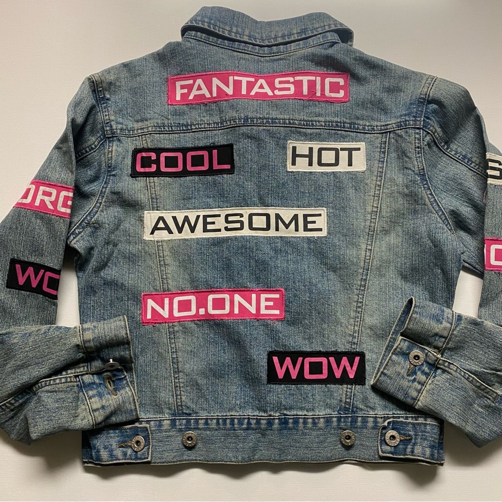 Goth Women Jean Jacket -LE MORE- Size L With Pink White & Black Patches